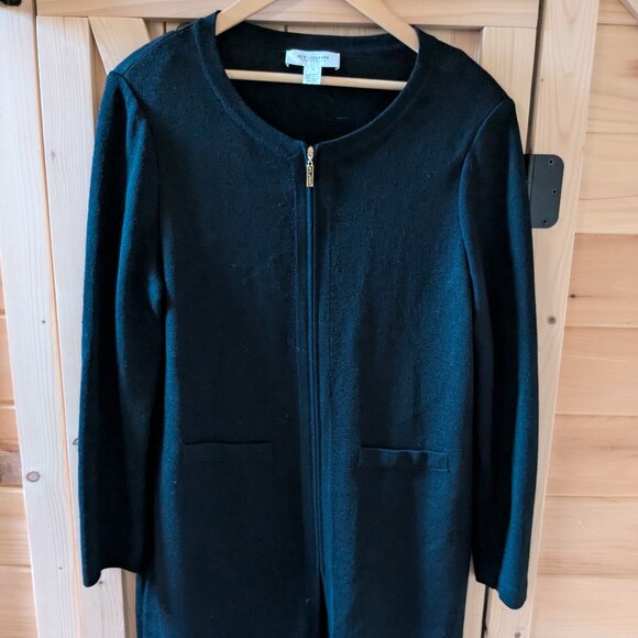 St John Full Zip Cardigan Sweater Long Jacket Black Wool Blend Size 14 Pockets - Picture 1 of 12